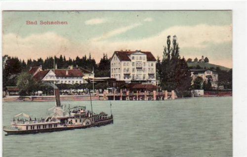 Bad Schachen am Bodensee. Teilansicht Dampfer gelaufen 1907 leicht fleckig, sonst gut erhalten.