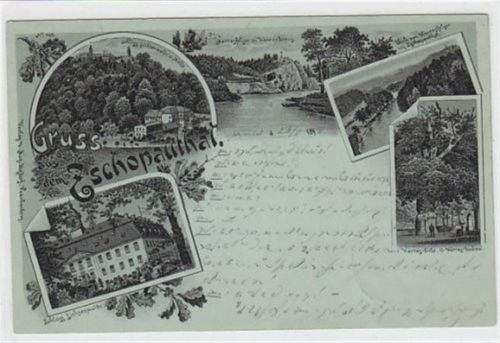Lithographie Gruss aus dem Zschopauthal. Schloss Lichtenwalde Mühle Harrasfelsen Körnerkreuz Harraseiche Harrasdenkmal gelaufen am 28.05.1898. Leichter Stempeldurchdruck, sonst gut erhalten