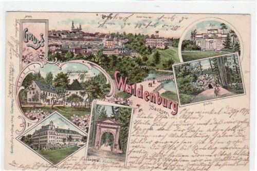 Waldenburg, Lithographie mit 6 Abbildungen gelaufen von 1899 kleiner Riß rechter Rand, sonst gut erhalten