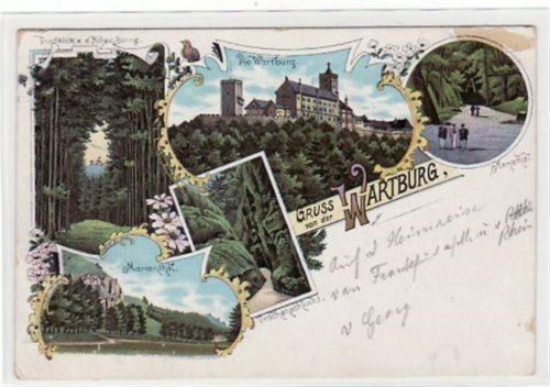 Wartburg Gruß von der Wartburg bei Eisenach i. Thür. Druchblick v.d. Hohen Sonne Totalansicht, Annathal, Marienthal Drachenschlucht gelaufen 1908 Eckbug oben links und an der oberen rechten Ecke , sonst gut erhalten.