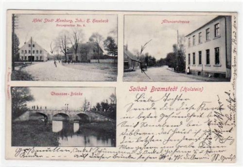 Bramstedt, 3 Abbildungen mit Hotel Stadt u. Altonaerstrasse gelaufen, 1905. Gute Erhaltung.