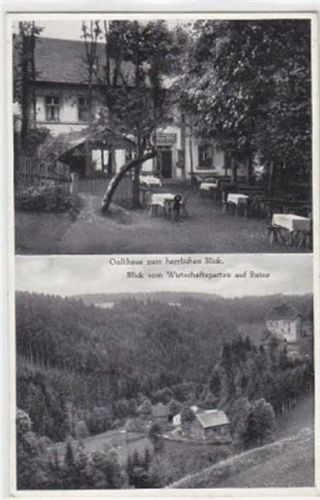 Amt Stein bei Kurort Berneck mit Gasthaus zum herrlichen Blick und Blick vom Wirschaftsgarten auf die Ruine gelaufen am 22.08.1932. Gute Erhaltung.