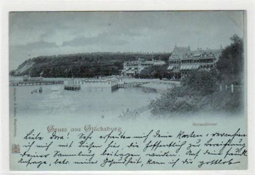 Glücksburg Glücksburg, Mondscheinkarte mit Strandhotel gelaufen, ca. 1898. Ecken mit Albumabdrücken, leichter Stempeldurchdruck, sonst gut erhalten