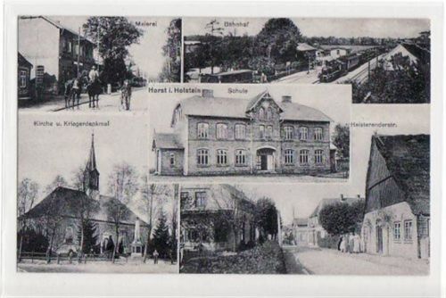 Horst, 5 Abbildungen mit Bahnhof, Schule u. Meierei ungelaufen kleiner Knick oben und unten rechts, sonst gut erhalten