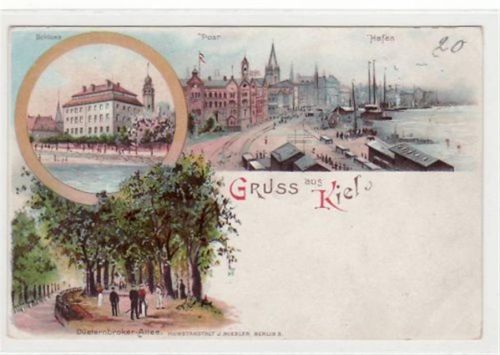 Kiel Kiel, Lithographie mit Schloss, Post u. Hafen. ungelaufen um 1900 Ecken mit Albumabdrücken, leicht fleckig, sonst gut erhalten