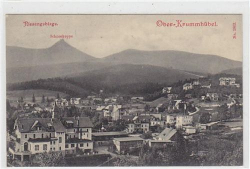 Krummhübel Ober-Krummhübel - Karpacz / Kreis Hirschberg - Jelenia Góra im Riesengebirge. Schneekoppe im Hintergrund. Karte beschrieben Gute Erhaltung.