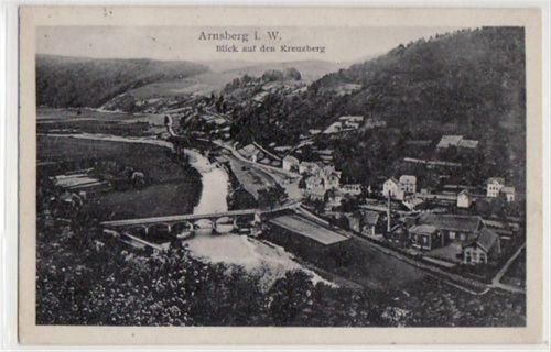 Arnsberg mit Blick auf Kreuzberg gelaufen von 1929. Leichter Stempeldurchdruck, sonst gut erhalten