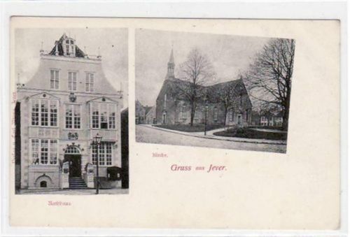Jever, 2 Abbildungen mit Rathaus und Kirche. ungelaufen um 1900 Leichter Bug oben rechts, sonst gut erhalten
