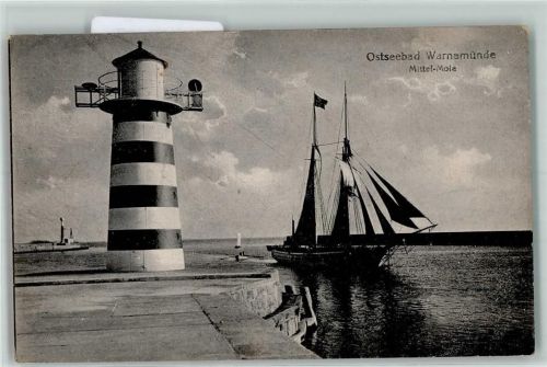 18055 O2540 Warnemünde - Leuchtturm Schiff Segel Ostseebad