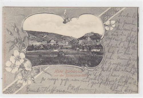 Rottleben, Passepartoutkarte. Hotel Barbarossa vor der Barbarossa-Höhle gelaufen, 1902. Leicht fleckig, sonst gut erhalten