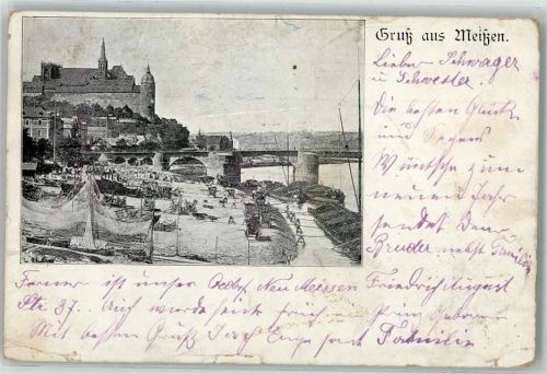 01662 O8250 Meißen , Sachs 1900 Gebrauchsspuren Elbe Viadukt Boote Frachtscchiff Fischernetz Turm