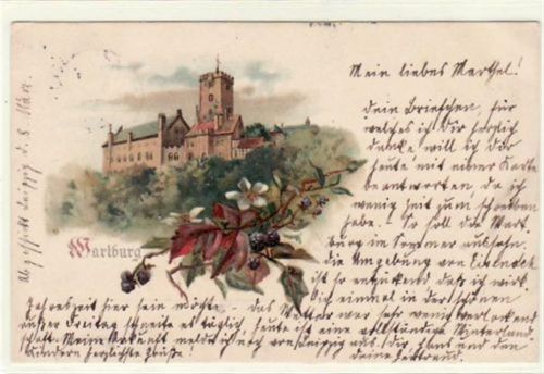 Wartburg Lithographie der Wartburg in Eisenach. Totalansicht gelaufen 1898. Leichte Stempelspuren Vorderseite, sonst gut erhalten.