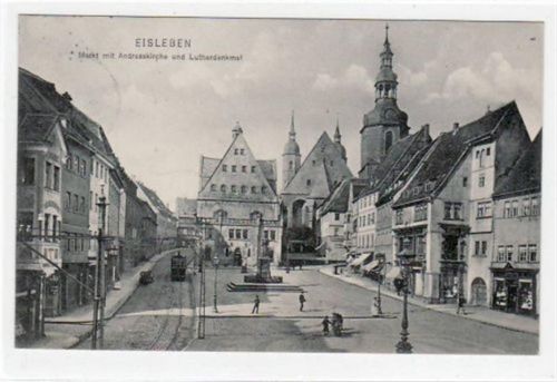 Lutherstadt Eisleben Eisleben mit Markt und Andreaskirche und Lutherdenkmal gelaufen von 1911. Leichter Stempeldurchdruck, sonst gut erhalten.