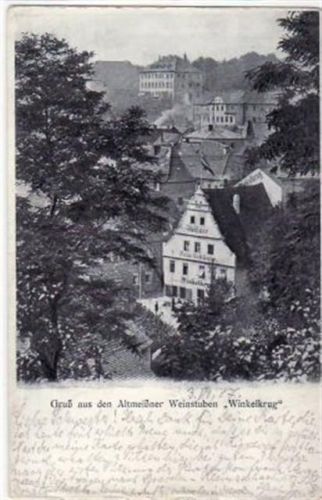 Meißen Meissen mit Altmeißner Weinstube " Winkelkrug " gelaufen von 1907. Am Rand unten kleine Knicke und leichte Abschürfungen, sonst gut erhalten.