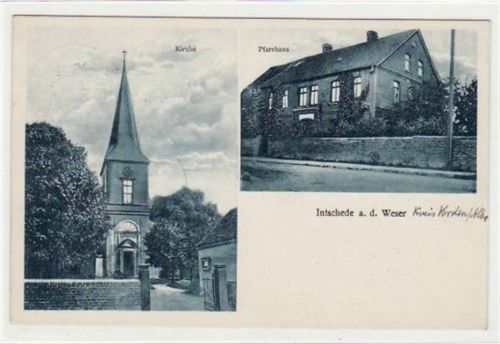 Intschede mit Kirche und Pfarrhaus gelaufen, 1929. Gute Erhaltung.