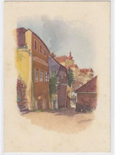 Künstlerkarte von Enns. ein Blick von der Reichsstraße zum Schloß " Ennsegg ", nach einem Aquarell von Hans Hofmann. Ungelaufen. Leicht stockfleckig, sonst gut erhalten.