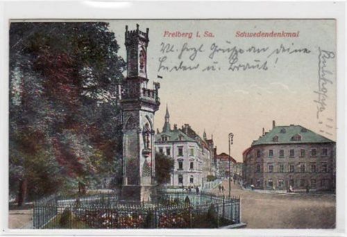 Freiberg Freiberg mit Schwedendenkmal gelaufen, Marke entfernt, handschriftliches Datum von 1920 kleiner Knick oben und unten links, sonst gut erhalten.