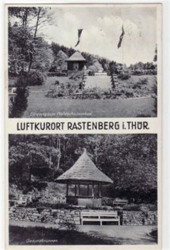 Luftkurort Rastenberg i. Thür. mit Gesundbrunnen und Eingang zum Waldschwimmbad gelaufen 1943. Leicht stockfleckig Rückseite, sonst gut erhalten.