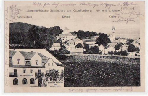 Schönberg am Kapellenberg mit Totale und Hotel zum Deutschen Haus. Karte beschrieben Gute Erhaltung.