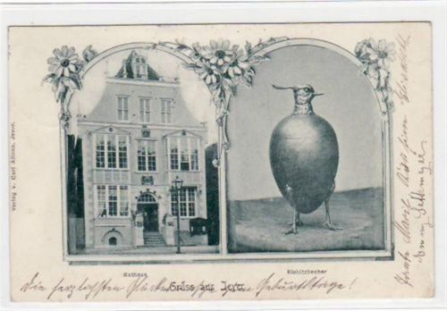 Jever Jever, 2 Abbildungen mit Rathaus und Kiebitzbecher gelaufen, 1902. Leichter Stempeldurchdruck, kleiner Knick unten rechts, leichter Durchdruck oben rechts, sonst gut erhalten