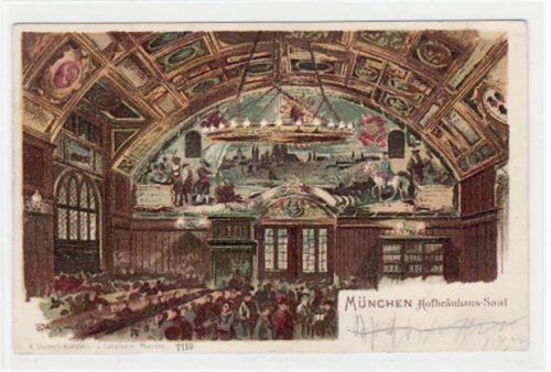 München, Lithographie mit Hofbräuhaus - Saal. ungelaufen frühe Karte, da Anschriftseite noch ungeteilt. Kleine Beschädigung am linken Rand unten, sonst gut erhalten Hofbräuhaus