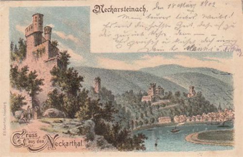 Neckarsteinach Neckarsteinach, Lithographie. ein Blick auf das Neckarthal gelaufen. Ecken mit Albumabdrücken, kleiner Knick oben rechts, leichte Eckabschürfungen, sonst gut erhalten
