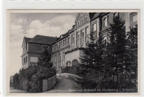Greiffenberg Sanatorium Birkenhof bei Greiffenberg / Gryfów Slaski - Kreis Löwenberg / Lwówek Slaski in Schlesien gelaufen 1937. Leichte Stempelspuren. Leichter Stempeldurchdruck kleiner Knick an der linken unteren Ecke , sonst gut erhalten