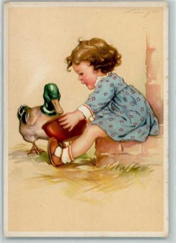 sign. Lingen Mädchen mit einer Ente Verlag Schwerdtfeger