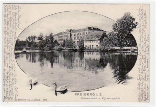 Freiberg mit Schwanenteich und Kgl. Amtsgericht gelaufen von 1901. Gute Erhaltung.