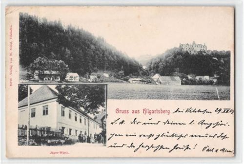 Gruss aus Hilgartsberg mit Gasthaus Jäger-Wirth im kleinen Bild gelaufen. leichte Abschürfungen, kleiner Knick oben rechts, Vorder- und Rückseite fleckig, sonst gut erhalten