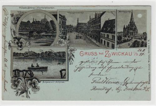 Zwickau Zwickau, Mondschein Lithographie mit Hauptmarkt, Paradiesbrücke mit Ebertschlösschen, Moritzkirche und Schwanen - Schloss gelaufen, 1899. Leicht fleckig, sonst gut erhalten
