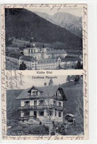 Ettal mit Kloster und Landhaus Alpenrose gelaufen von 1910. Gute Erhaltung.