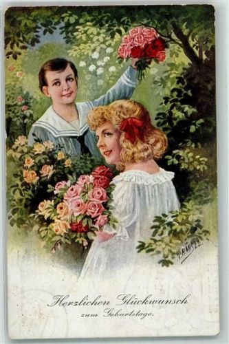 Geburtstag sign. K. Hänsel Kinder mit Rosen Rose 1921