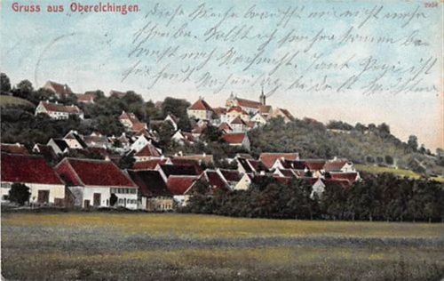 Oberelchingen. Gesamtansicht mit Kirche gelaufen. Leichter Stempeldurchdruck, Vorder- und Rückseite leicht fleckig, sonst gut erhalten
