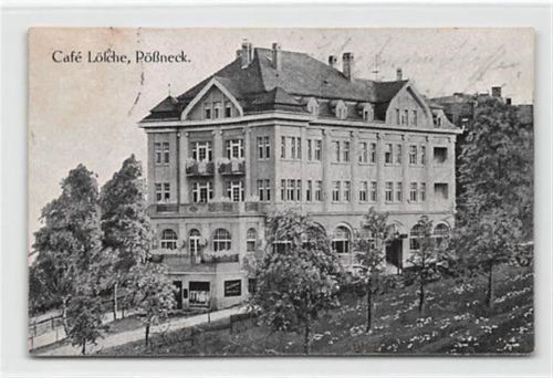 Pößneck. Café Lösche gelaufen. Leichter Stempeldurchdruck, kleiner Knick unten in der Mitte, leicht fleckig, sonst gut erhalten