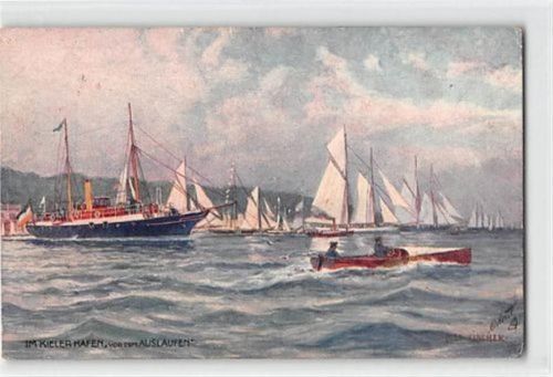 Kiel Künstlerkarte Kieler Woche. Segelboote im Hafen vor dem Auslaufen gelaufen. leichte Abschürfungen, kleiner Knick oben rechts und links, leicht fleckig, sonst gut erhalten