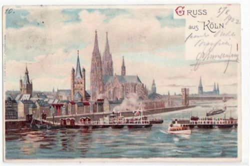 Köln Stadt Köln, Lithographie mit Blick auf den Dom gelaufen von 1902. Leichte Stempelspuren, sonst gut erhalten