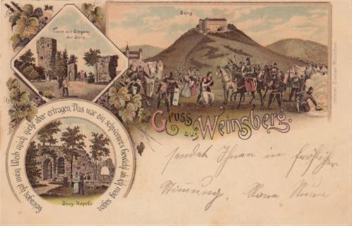 Weinsberg, Lithographie mit Burg Kapelle und Turm mit Eingang der Burg gelaufen. Marke beschädigt kleiner Knick oben rechts, leicht fleckig, sonst gut erhalten