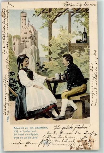 1900 Serie Nr. 7058 Vers Tracht Liebespaar Bier Pfeife Lichtdruck Hintergrund gemalt AK