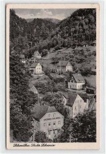 Schmilka Schmilka. Teilansicht mit Gasthaus zur Mühle gelaufen. leichte Abschürfungen, kleiner Knick oben rechts, sonst gut erhalten