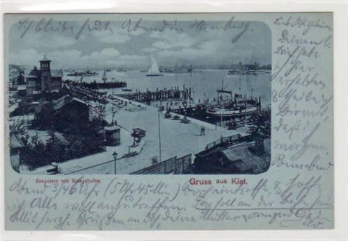 Kiel mit Kriegshafen und Seegarten gelaufen, 1899. Ecken mit Albumabdrücken, kleiner Knick unten links, sonst gut erhalten