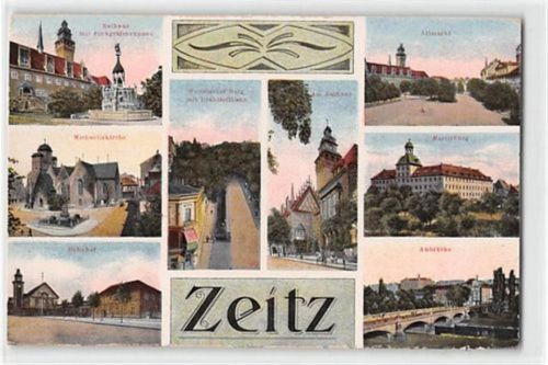 Zeitz Zeitz mit Bahnhof und Michaeliskirche ungelaufen kleiner Knick unten rechts und links und auf der linken Seite in der Mitte, sonst gut erhalten