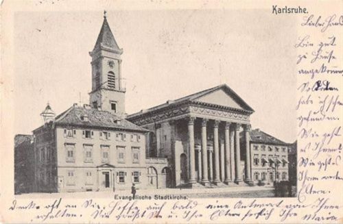 Karlsruhe Karlsruhe. evangelische Stadtkirche gelaufen. Leichte Stempelspuren, leicht fleckig, sonst gut erhalten