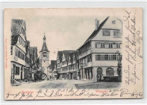 Winnenden, Reliefkarte. Marktplatz gelaufen. Rückseite leicht stockfleckig, sonst gut erhalten