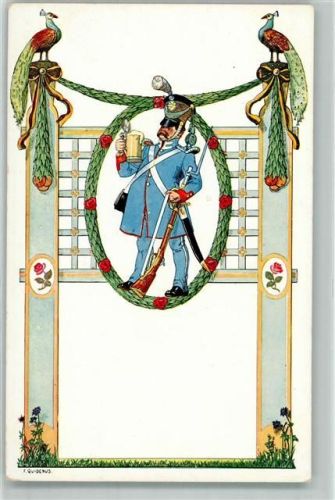 Serie Biedermeierkarte Nr. 1 Pfau Rosen Soldat Bierkrug AK