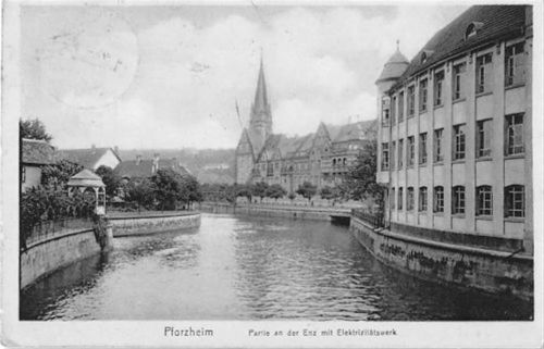 Pforzheim Pforzheim. Partie an der Enz Elektrizitätswerk gelaufen. Leichter Stempeldurchdruck, leicht fleckig, sonst gut erhalten