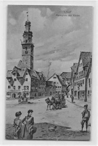 Künstlerkarte Lauf. Marktplatz mit Kirche und Pferdekutsche ungelaufen Gute Erhaltung.