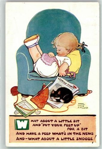 Stricken Zeitung lesen Katze Kind AK