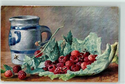 1905 Stilleben Früchte Himbeeren Weinkrug Verlag Stroefer Serie 441 AK