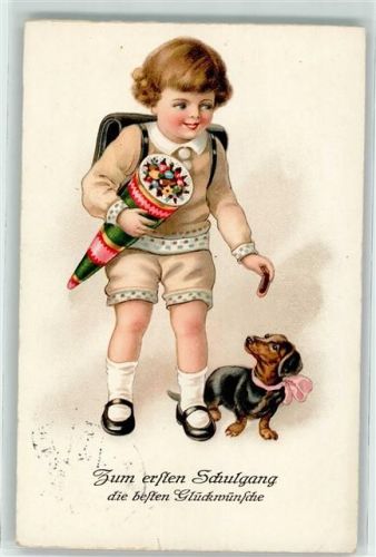 1939 Kind mit Schultüte Ranzen und Dackel AK